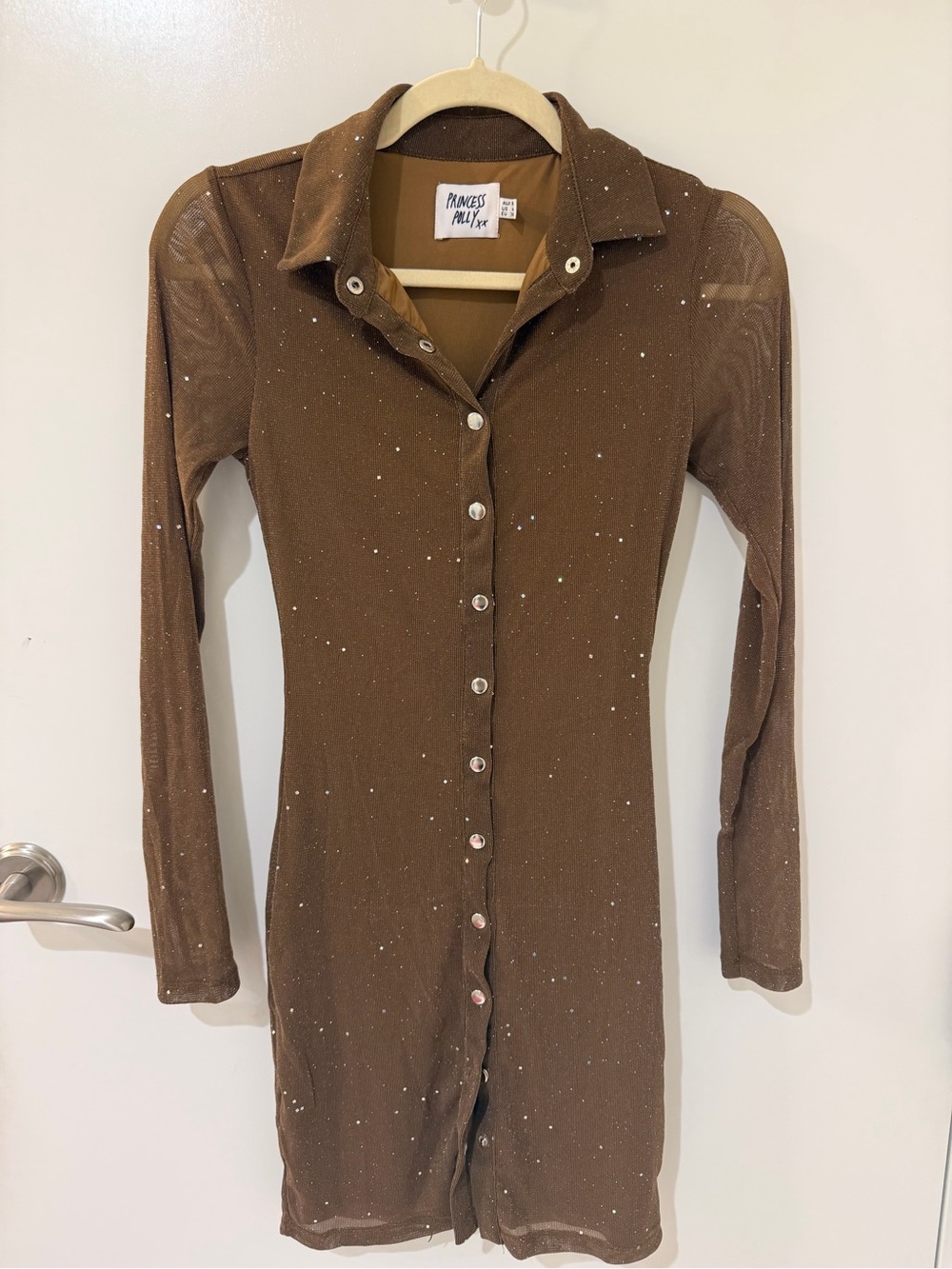 Princess Polly Brown Long Sleeve Button-Up Mini Dress with Sparkle